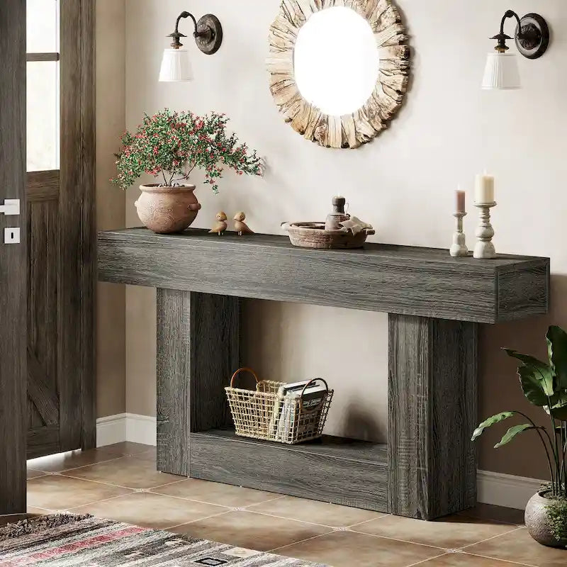 63 Inches Brown and Gray Narrow Long Wood Console Table for Entryway-23