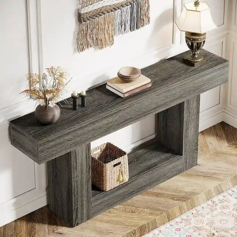 63 Inches Brown and Gray Narrow Long Wood Console Table for Entryway-25