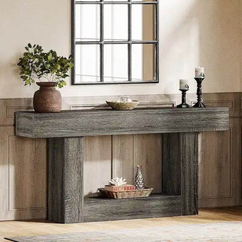 63 Inches Brown and Gray Narrow Long Wood Console Table for Entryway-28