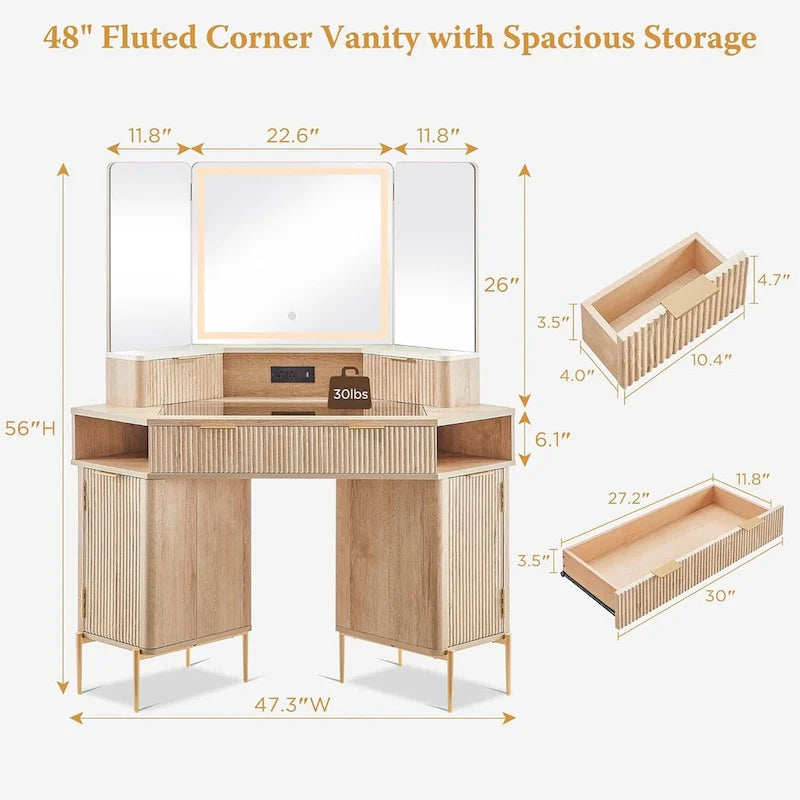 Modern Fluted Makeup Vanity Desk with 3 Way Mirror&Light, Vanity Table-2