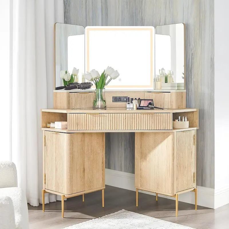 Modern Fluted Makeup Vanity Desk with 3 Way Mirror&Light, Vanity Table-3