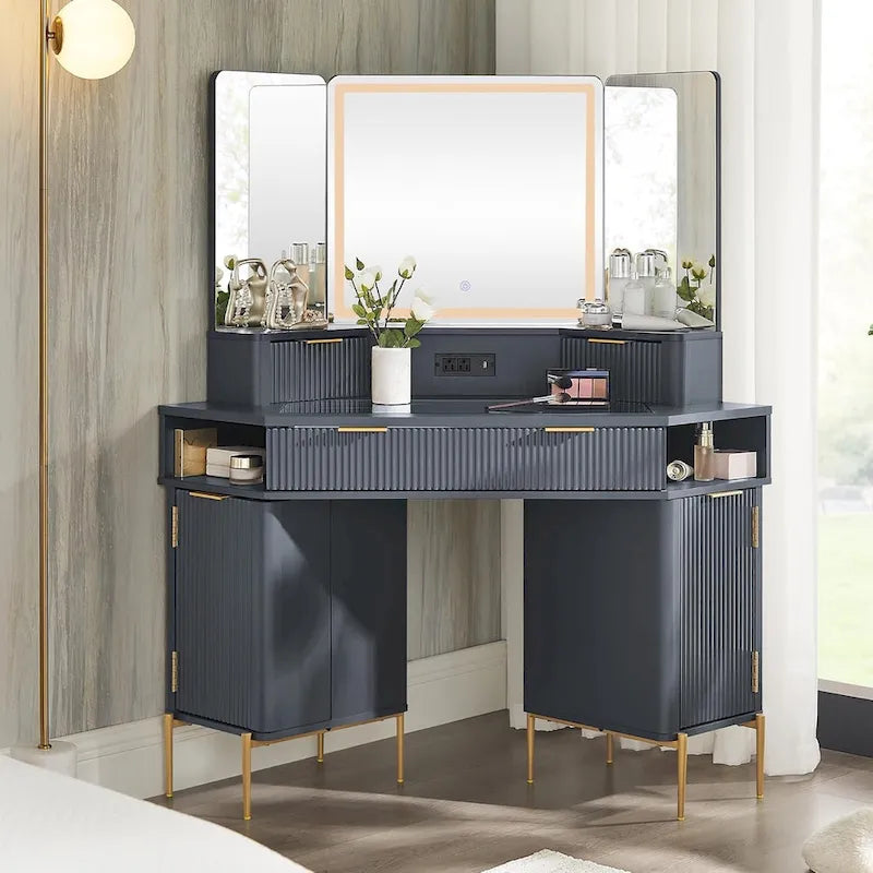 Modern Fluted Makeup Vanity Desk with 3 Way Mirror&Light, Vanity Table-4