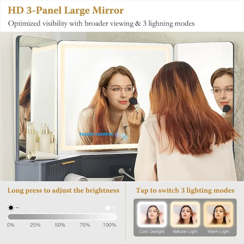 Modern Fluted Makeup Vanity Desk with 3 Way Mirror&Light, Vanity Table-5