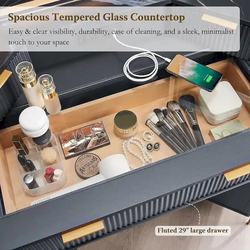 Modern Fluted Makeup Vanity Desk with 3 Way Mirror&Light, Vanity Table-6