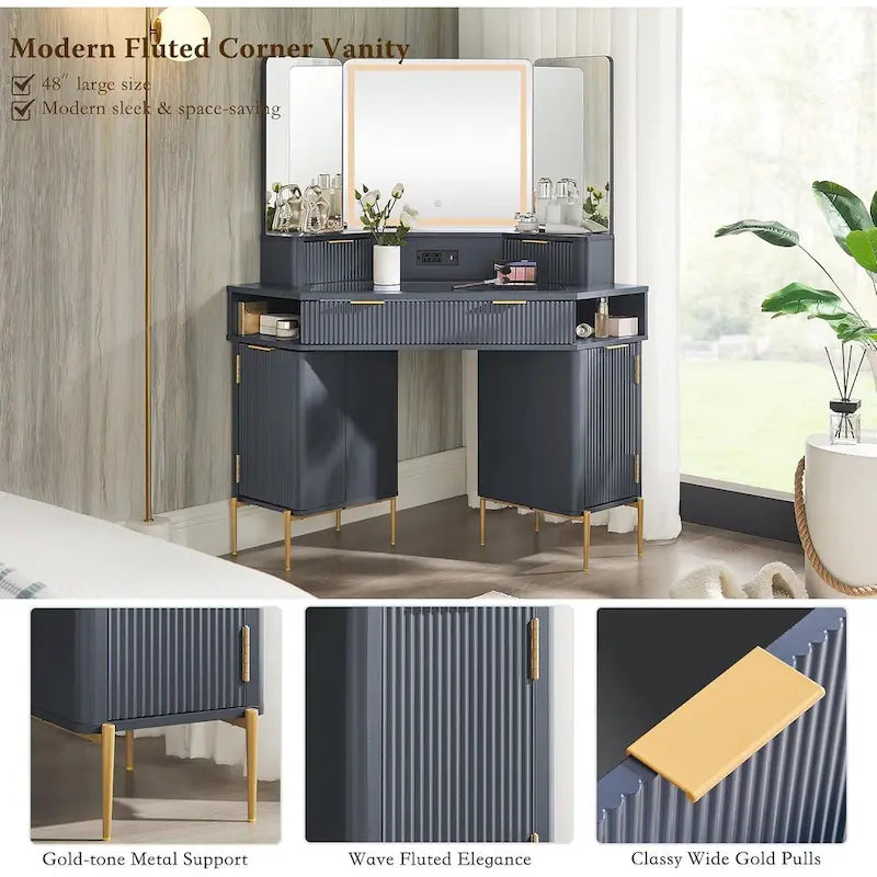 Modern Fluted Makeup Vanity Desk with 3 Way Mirror&Light, Vanity Table-7