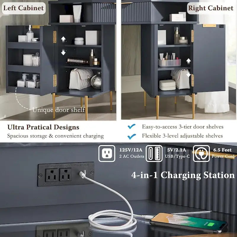 Modern Fluted Makeup Vanity Desk with 3 Way Mirror&Light, Vanity Table-8