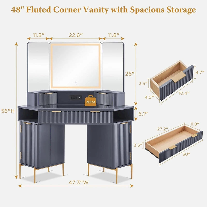 Modern Fluted Makeup Vanity Desk with 3 Way Mirror&Light, Vanity Table-9