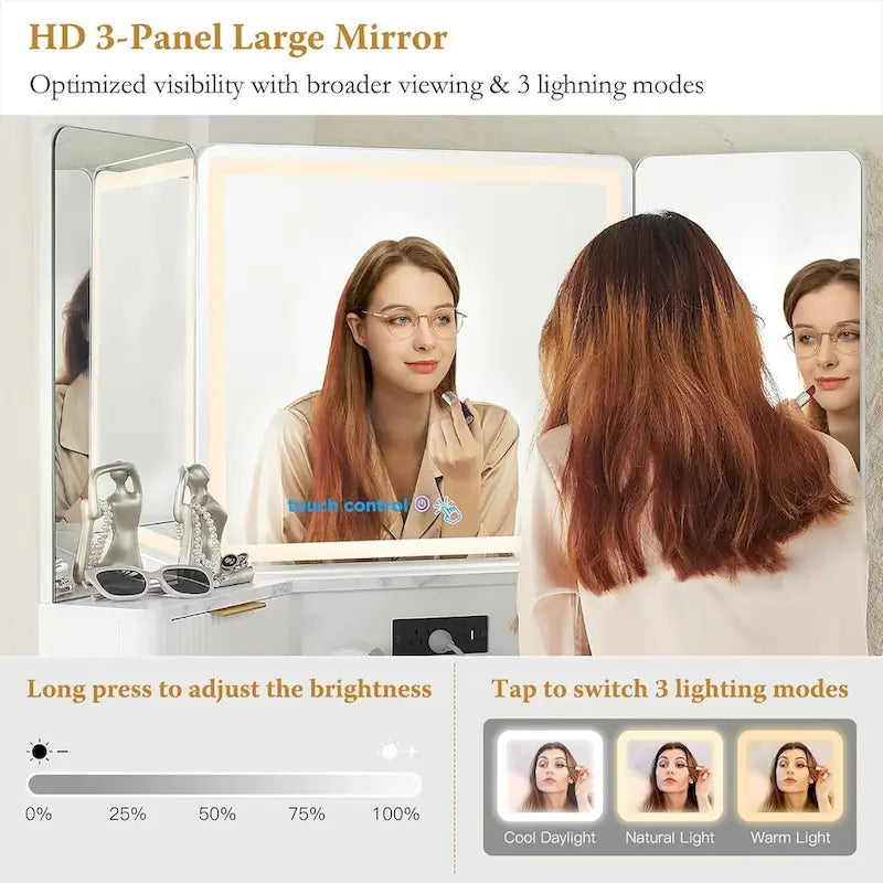 Modern Fluted Makeup Vanity Desk with 3 Way Mirror&Light, Vanity Table-11