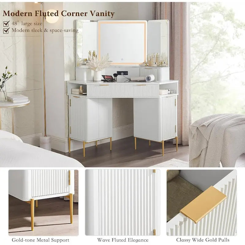 Modern Fluted Makeup Vanity Desk with 3 Way Mirror&Light, Vanity Table-12