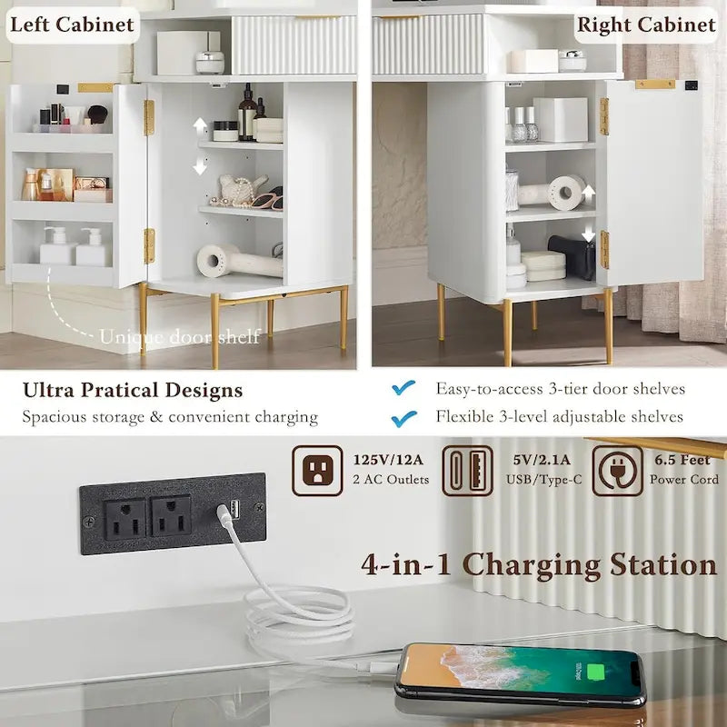 Modern Fluted Makeup Vanity Desk with 3 Way Mirror&Light, Vanity Table-13