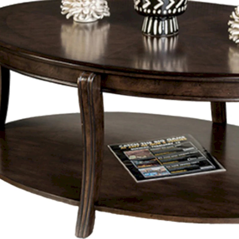 Orio Coffee Table with Open Shelves, 49 Inch Oval Top, Brown Wood-4