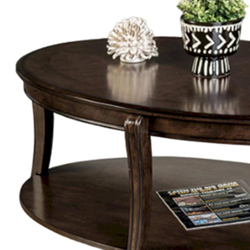 Orio Coffee Table with Open Shelves, 49 Inch Oval Top, Brown Wood-5