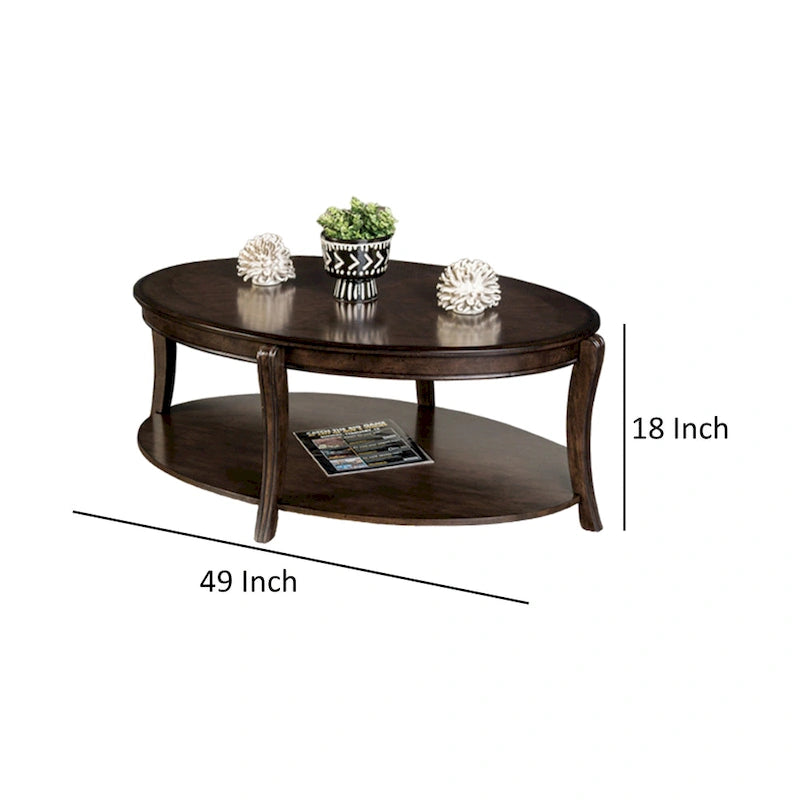 Orio Coffee Table with Open Shelves, 49 Inch Oval Top, Brown Wood-6