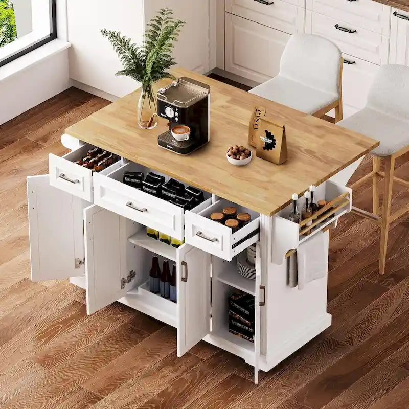 54 Large Kitchen Island with Rubber Wood Drop Leaf, Embossed Texture Rolling Kitchen Cart on 4 Wheels with 4 Doors & 3 Drawers-31