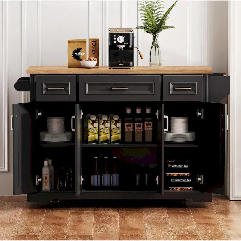 54 Large Kitchen Island with Rubber Wood Drop Leaf, Embossed Texture Rolling Kitchen Cart on 4 Wheels with 4 Doors & 3 Drawers