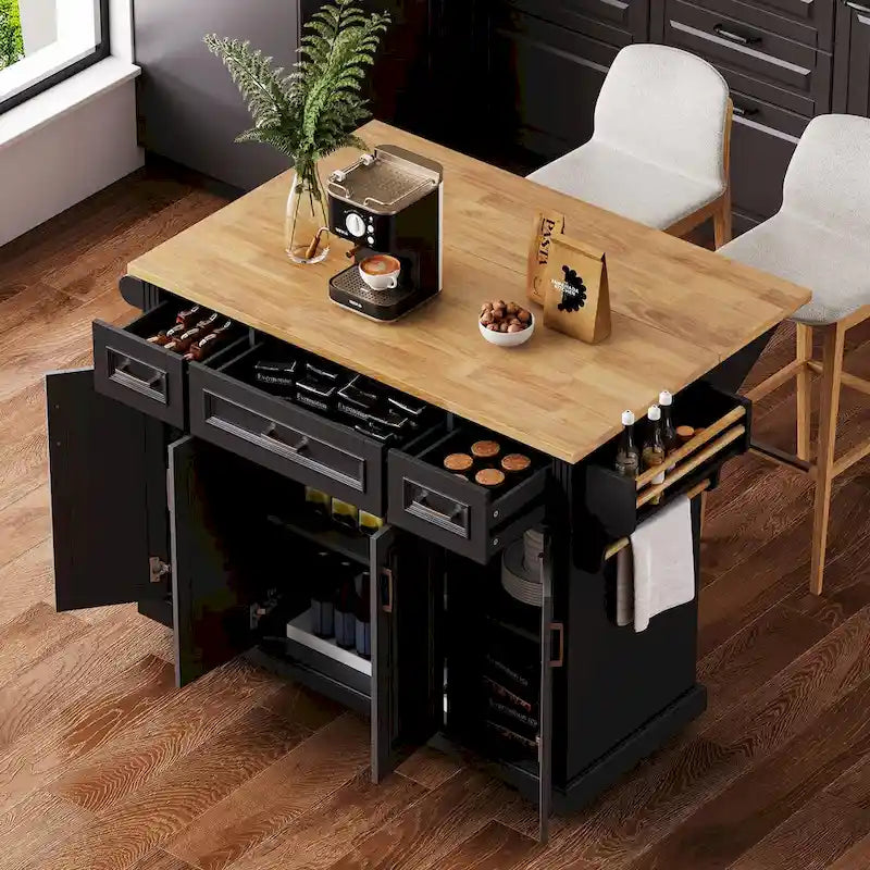 54 Large Kitchen Island with Rubber Wood Drop Leaf, Embossed Texture Rolling Kitchen Cart on 4 Wheels with 4 Doors & 3 Drawers-3