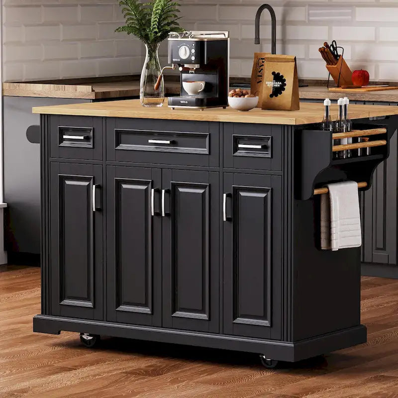 54 Large Kitchen Island with Rubber Wood Drop Leaf, Embossed Texture Rolling Kitchen Cart on 4 Wheels with 4 Doors & 3 Drawers-4