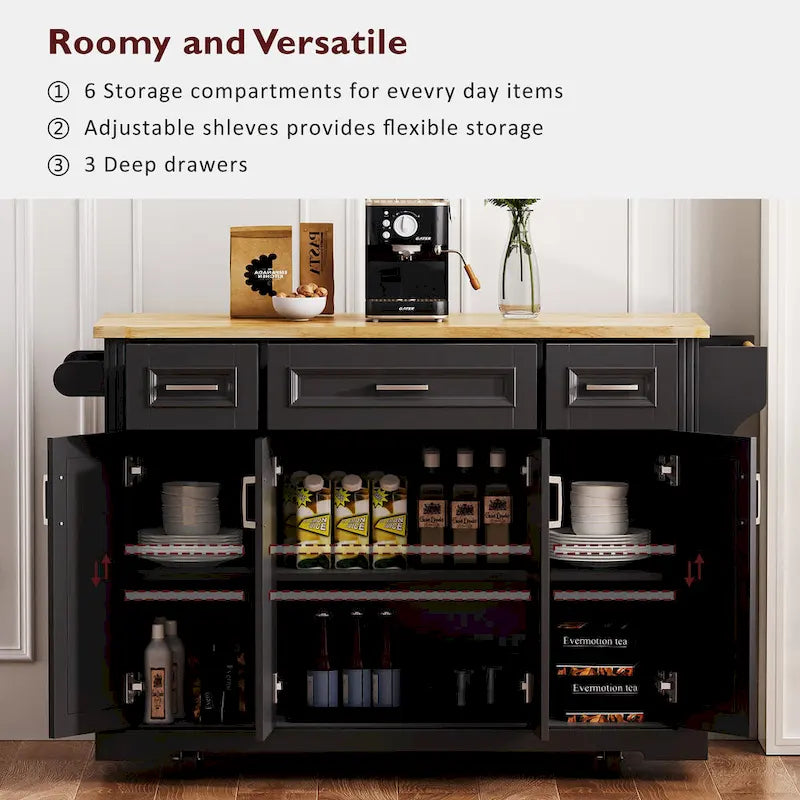 54 Large Kitchen Island with Rubber Wood Drop Leaf, Embossed Texture Rolling Kitchen Cart on 4 Wheels with 4 Doors & 3 Drawers-7