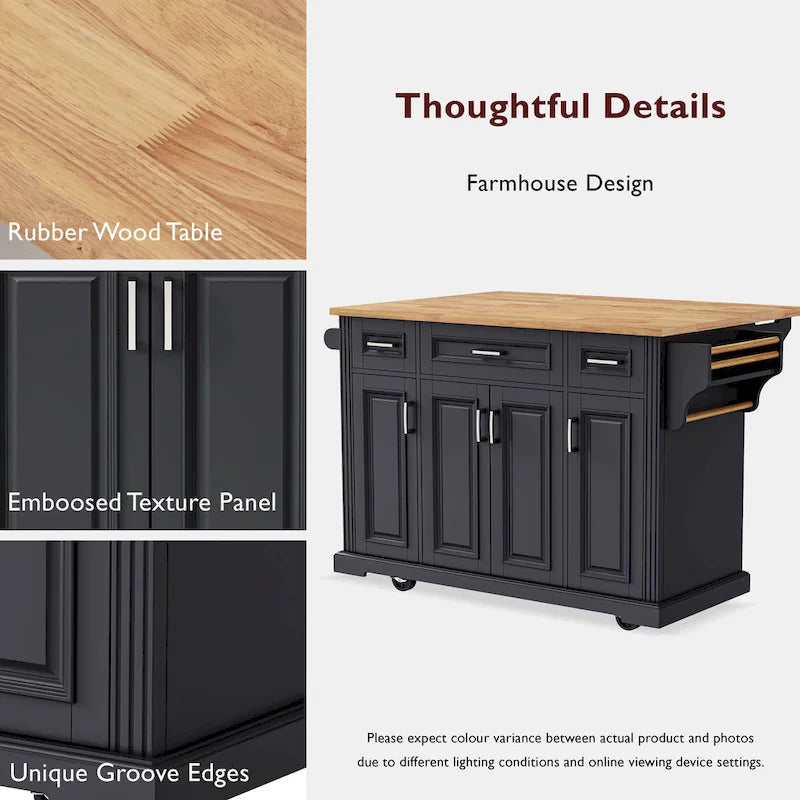 54 Large Kitchen Island with Rubber Wood Drop Leaf, Embossed Texture Rolling Kitchen Cart on 4 Wheels with 4 Doors & 3 Drawers-8