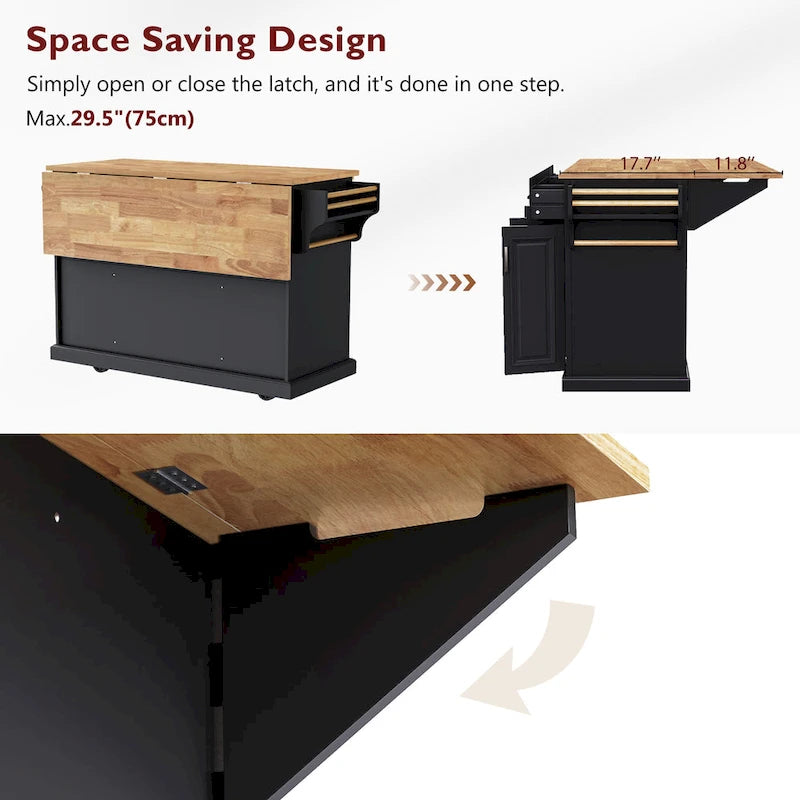 54 Large Kitchen Island with Rubber Wood Drop Leaf, Embossed Texture Rolling Kitchen Cart on 4 Wheels with 4 Doors & 3 Drawers-9