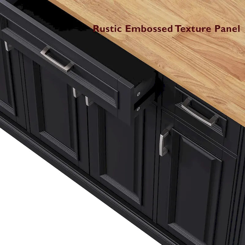 54 Large Kitchen Island with Rubber Wood Drop Leaf, Embossed Texture Rolling Kitchen Cart on 4 Wheels with 4 Doors & 3 Drawers-12
