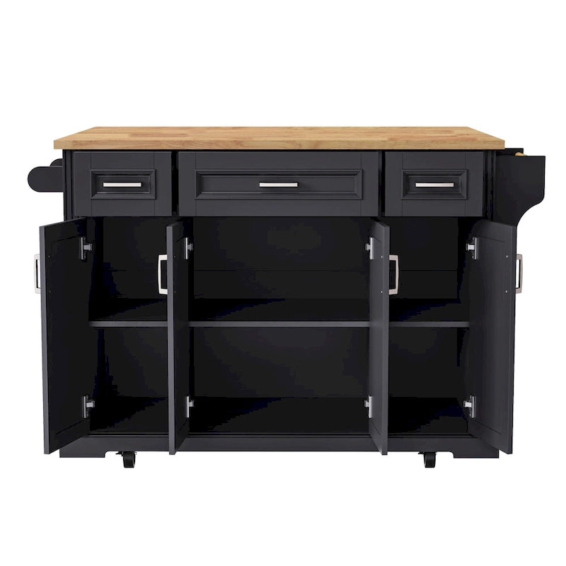 54 Large Kitchen Island with Rubber Wood Drop Leaf, Embossed Texture Rolling Kitchen Cart on 4 Wheels with 4 Doors & 3 Drawers-13