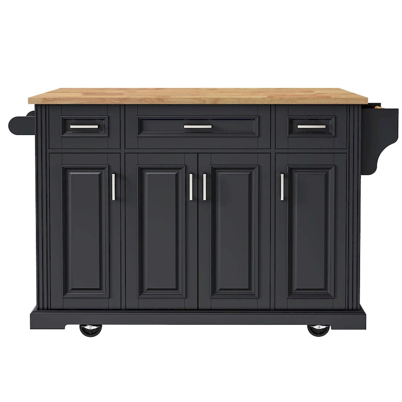 54 Large Kitchen Island with Rubber Wood Drop Leaf, Embossed Texture Rolling Kitchen Cart on 4 Wheels with 4 Doors & 3 Drawers-14
