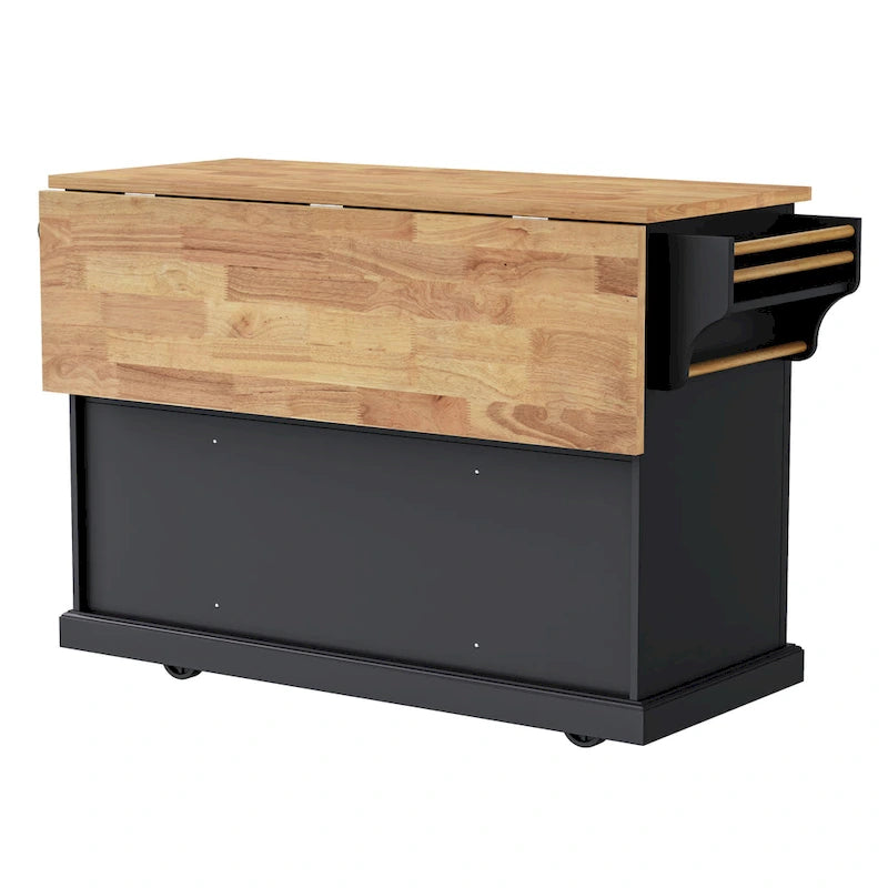 54 Large Kitchen Island with Rubber Wood Drop Leaf, Embossed Texture Rolling Kitchen Cart on 4 Wheels with 4 Doors & 3 Drawers-17