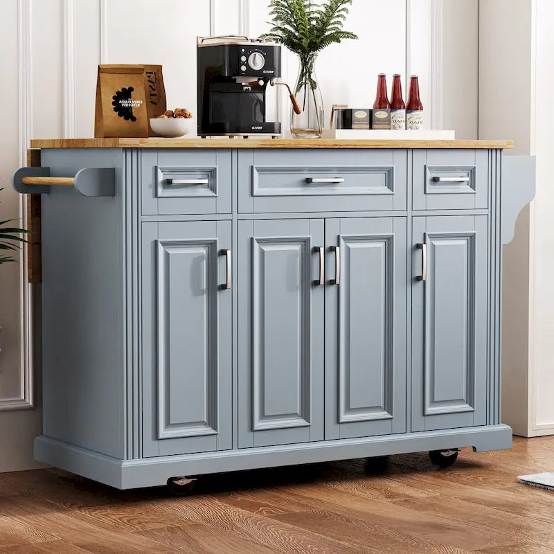 54 Large Kitchen Island with Rubber Wood Drop Leaf, Embossed Texture Rolling Kitchen Cart on 4 Wheels with 4 Doors & 3 Drawers-22