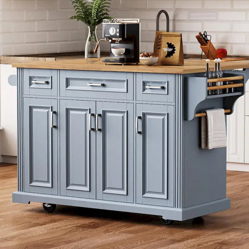 54 Large Kitchen Island with Rubber Wood Drop Leaf, Embossed Texture Rolling Kitchen Cart on 4 Wheels with 4 Doors & 3 Drawers-24