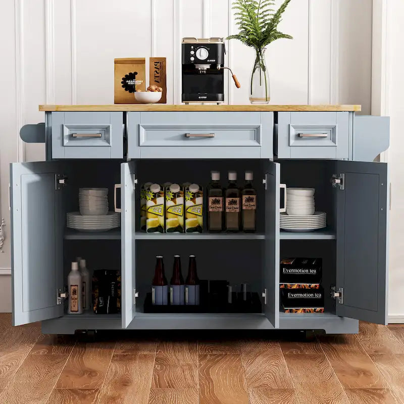 54 Large Kitchen Island with Rubber Wood Drop Leaf, Embossed Texture Rolling Kitchen Cart on 4 Wheels with 4 Doors & 3 Drawers-25