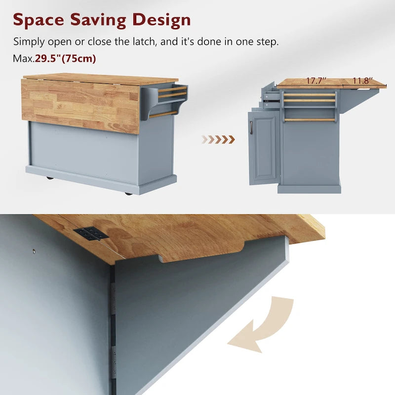 54 Large Kitchen Island with Rubber Wood Drop Leaf, Embossed Texture Rolling Kitchen Cart on 4 Wheels with 4 Doors & 3 Drawers-29