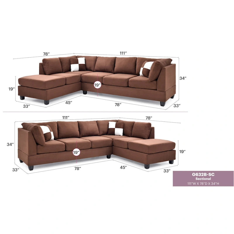 Malone 111 in. Suede 4-Seater Sectional Sofa with 2-Throw Pillow - 111L x 78W x 34H-16