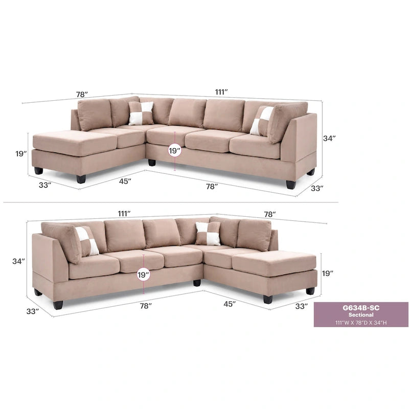 Malone 111 in. Suede 4-Seater Sectional Sofa with 2-Throw Pillow - 111L x 78W x 34H-22