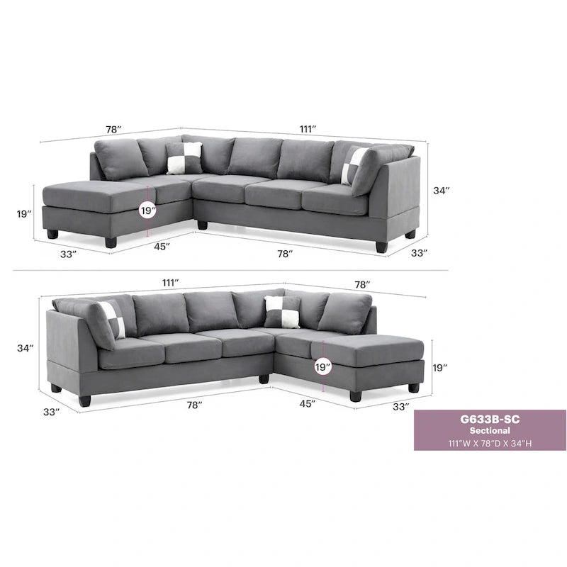 Malone 111 in. Suede 4-Seater Sectional Sofa with 2-Throw Pillow - 111L x 78W x 34H-28