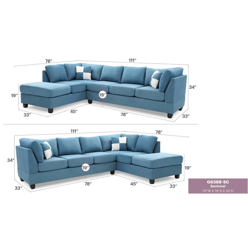 Malone 111 in. Suede 4-Seater Sectional Sofa with 2-Throw Pillow - 111L x 78W x 34H-34