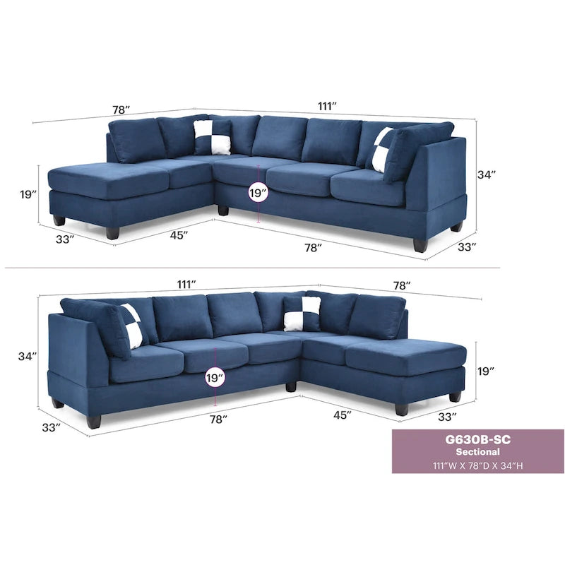 Malone 111 in. Suede 4-Seater Sectional Sofa with 2-Throw Pillow - 111L x 78W x 34H-35