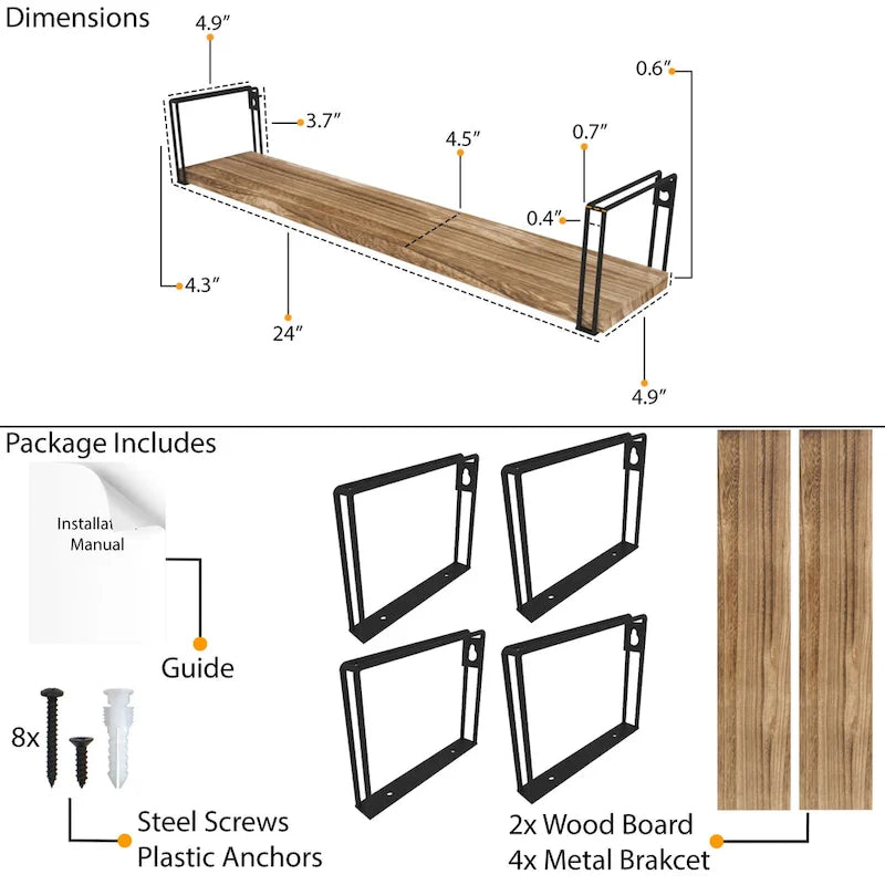 Wallniture Avila 24x4.5 Kitchen Wall Shelves, Natural Burned,Set of 4-6