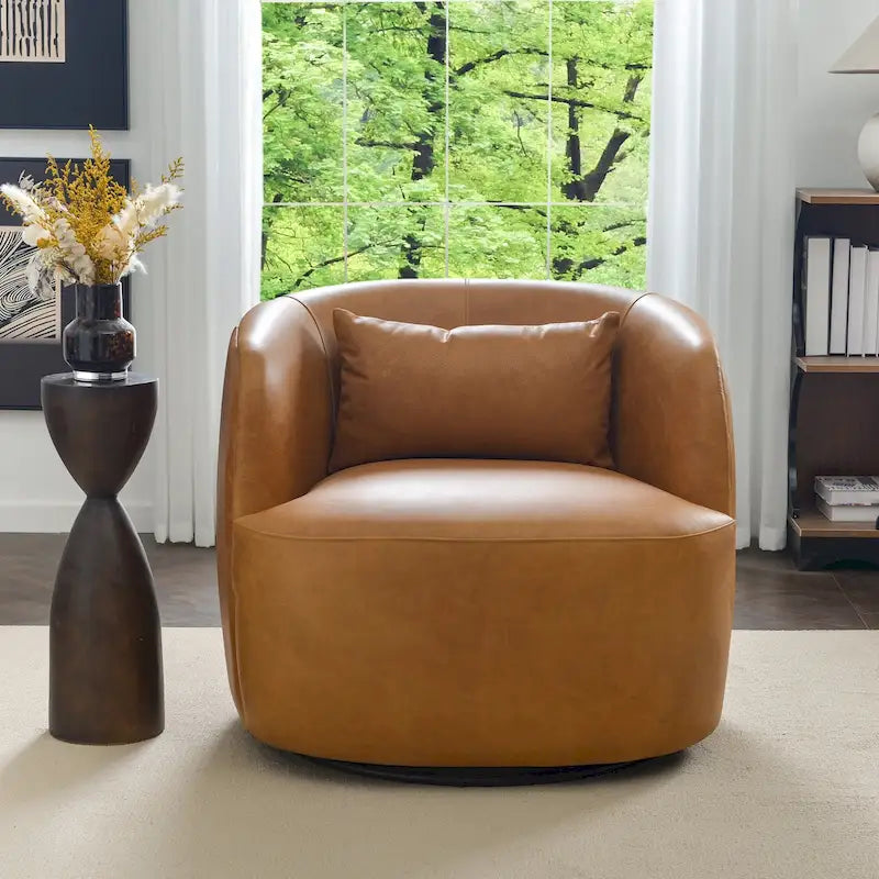 Brown Leather Swivel Accent Chair with 360° Rotation-36