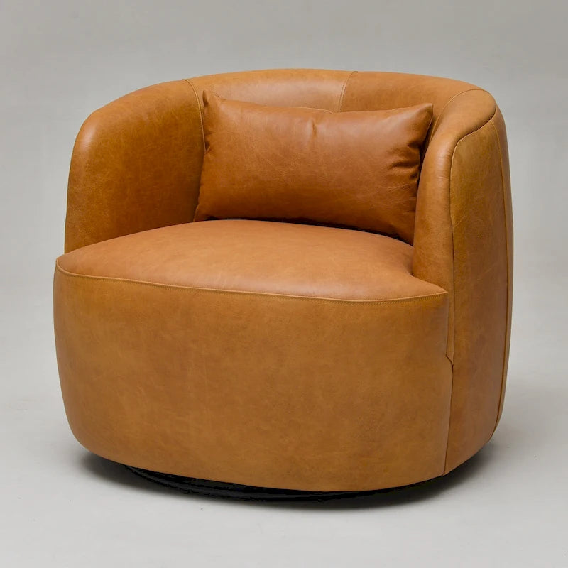 Brown Leather Swivel Accent Chair with 360° Rotation