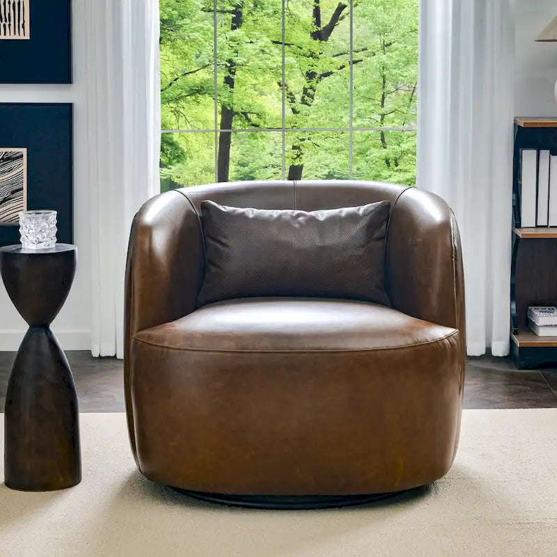 Brown Leather Swivel Accent Chair with 360° Rotation-29