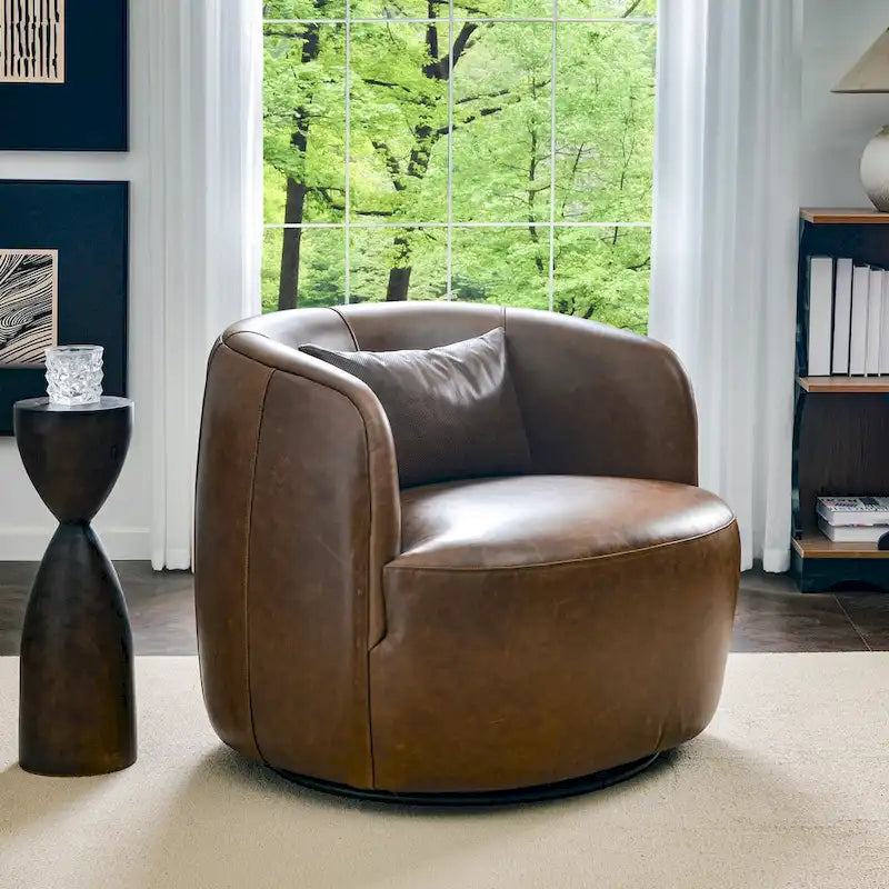 Brown Leather Swivel Accent Chair with 360° Rotation-35