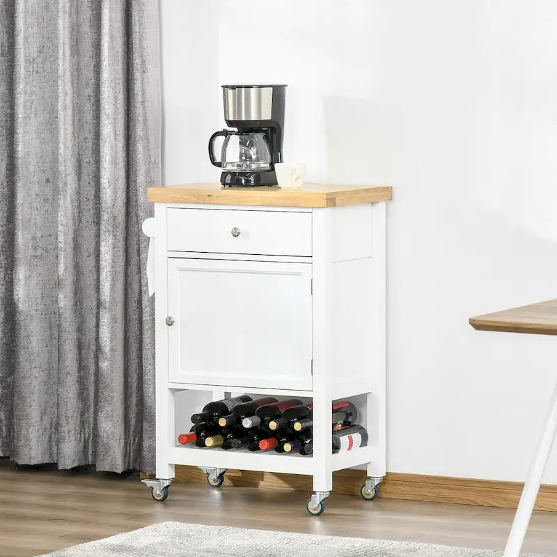 HOMCOM Utility Kitchen Cart, Rolling Kitchen Island with Smooth Rubberwood Top, Narrow Butcher Block Surface on Wheels