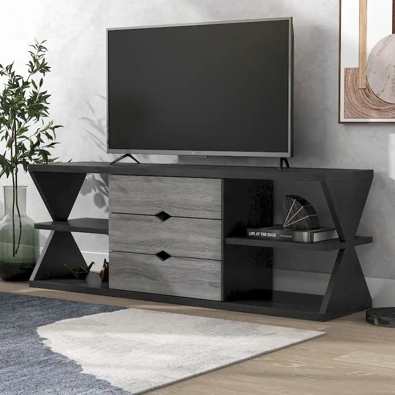 Ayala Modern Black and Distressed Grey 60-inch 4-Shelf TV Console with 3-Drawer-9