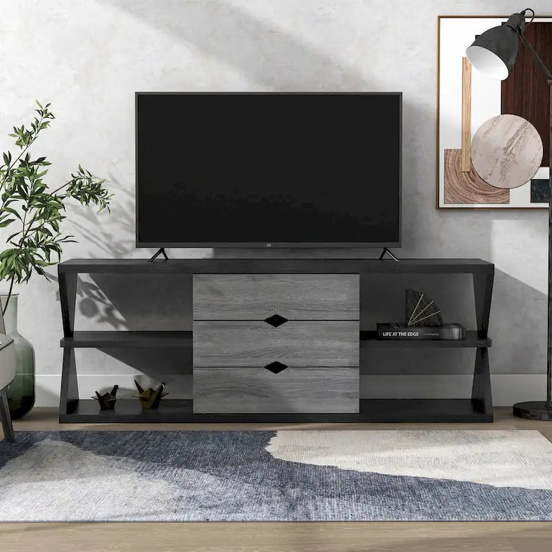 Ayala Modern Black and Distressed Grey 60-inch 4-Shelf TV Console with 3-Drawer