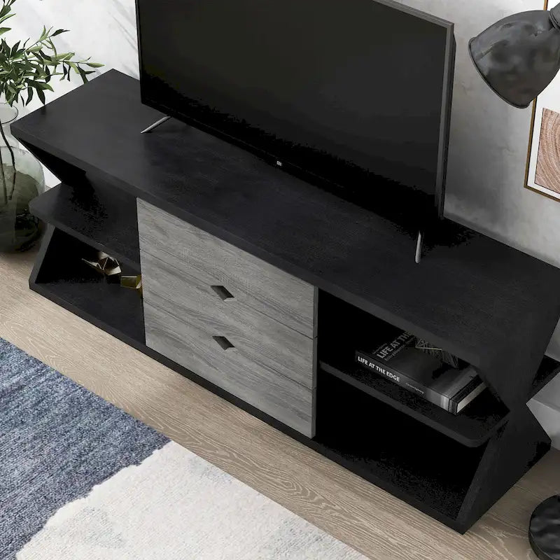 Ayala Modern Black and Distressed Grey 60-inch 4-Shelf TV Console with 3-Drawer-3