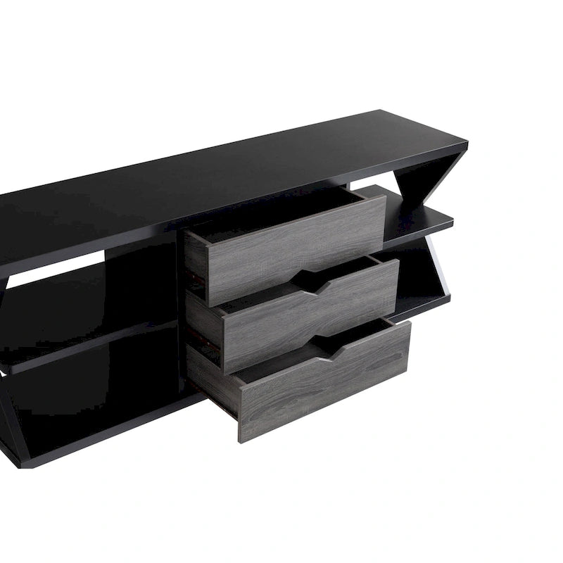 Ayala Modern Black and Distressed Grey 60-inch 4-Shelf TV Console with 3-Drawer-7