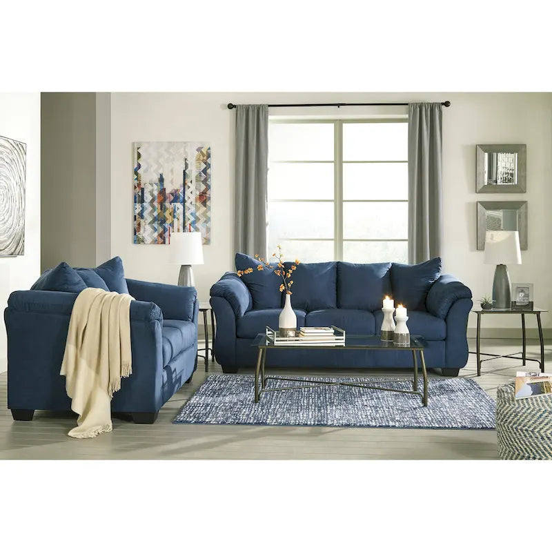 Aruca Navy Blue Microfiber Pillow Back Sofa and Loveseat Set