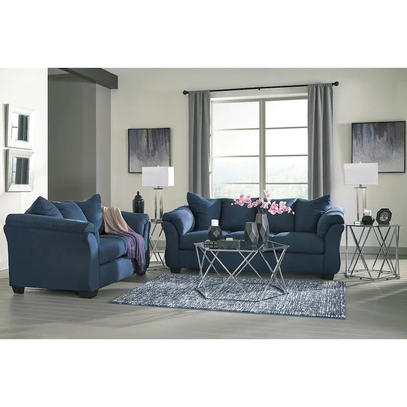 Aruca Navy Blue Microfiber Pillow Back Sofa and Loveseat Set-2