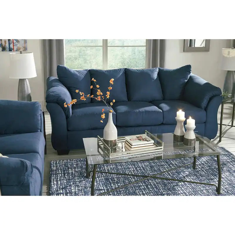 Aruca Navy Blue Microfiber Pillow Back Sofa and Loveseat Set-3